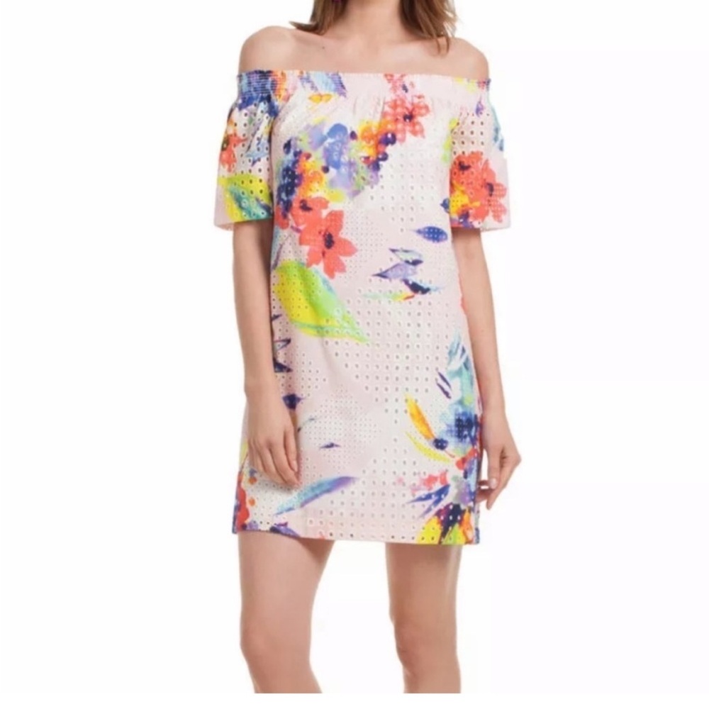 NWOT Trina Turk Savilla Off Shoulder Eyelet Floral Tropical Multicolor Dress S